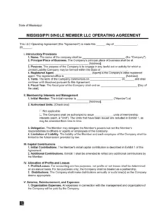 Mississippi Single Member LLC Operating Agreement Form
