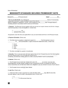 Mississippi Standard Secured Promissory Note Template
