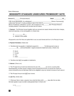 Mississippi Standard Unsecured Promissory Note Template