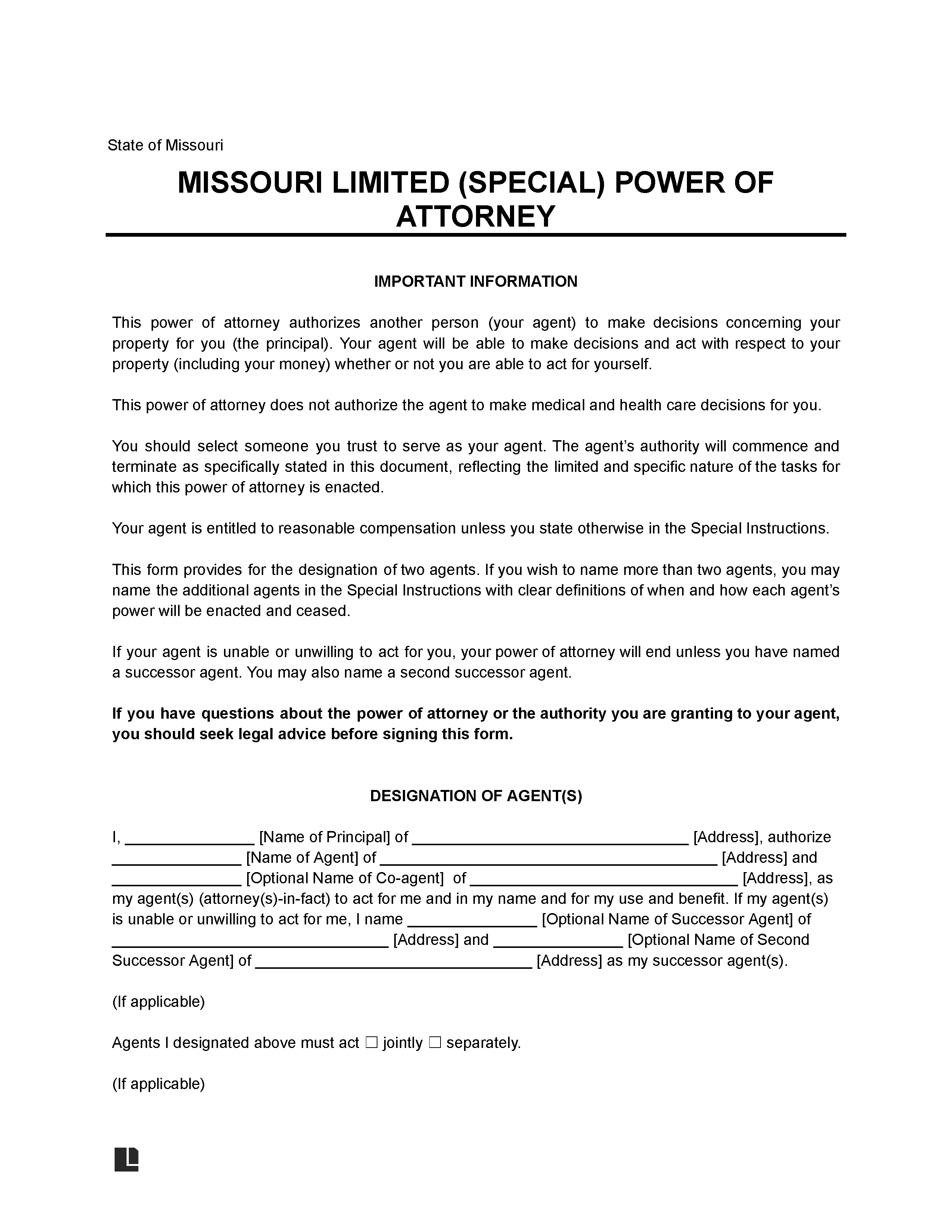 Missouri Limited Power of Attorney Form