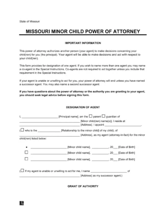 Missouri Minor Child Power of Attorney Form