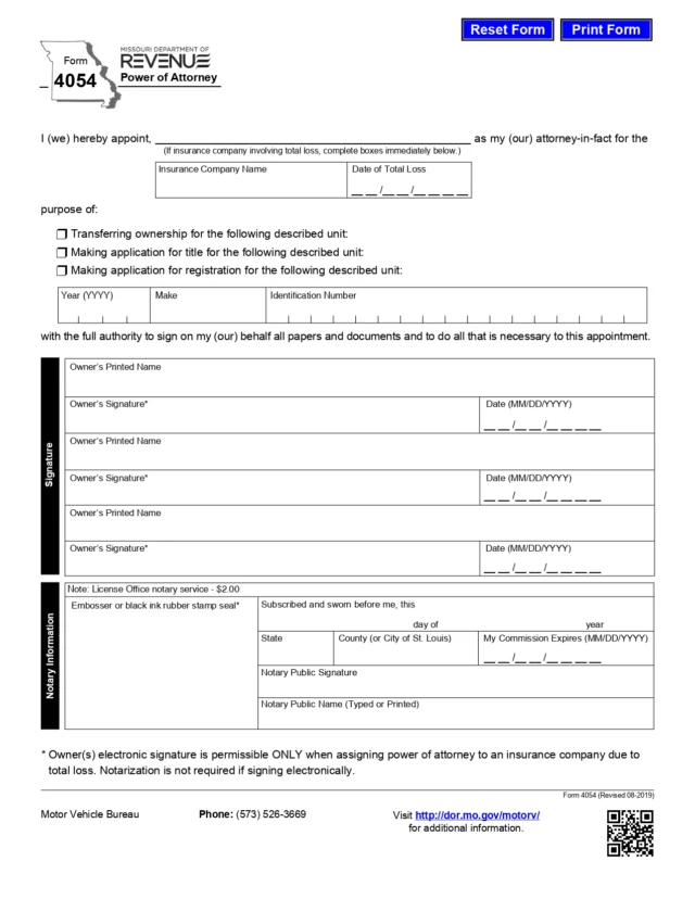 Missouri Motor Vehicle Power of Attorney Form 4054