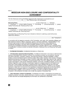 Missouri Non-Disclosure and Confidentiality Agreement Template