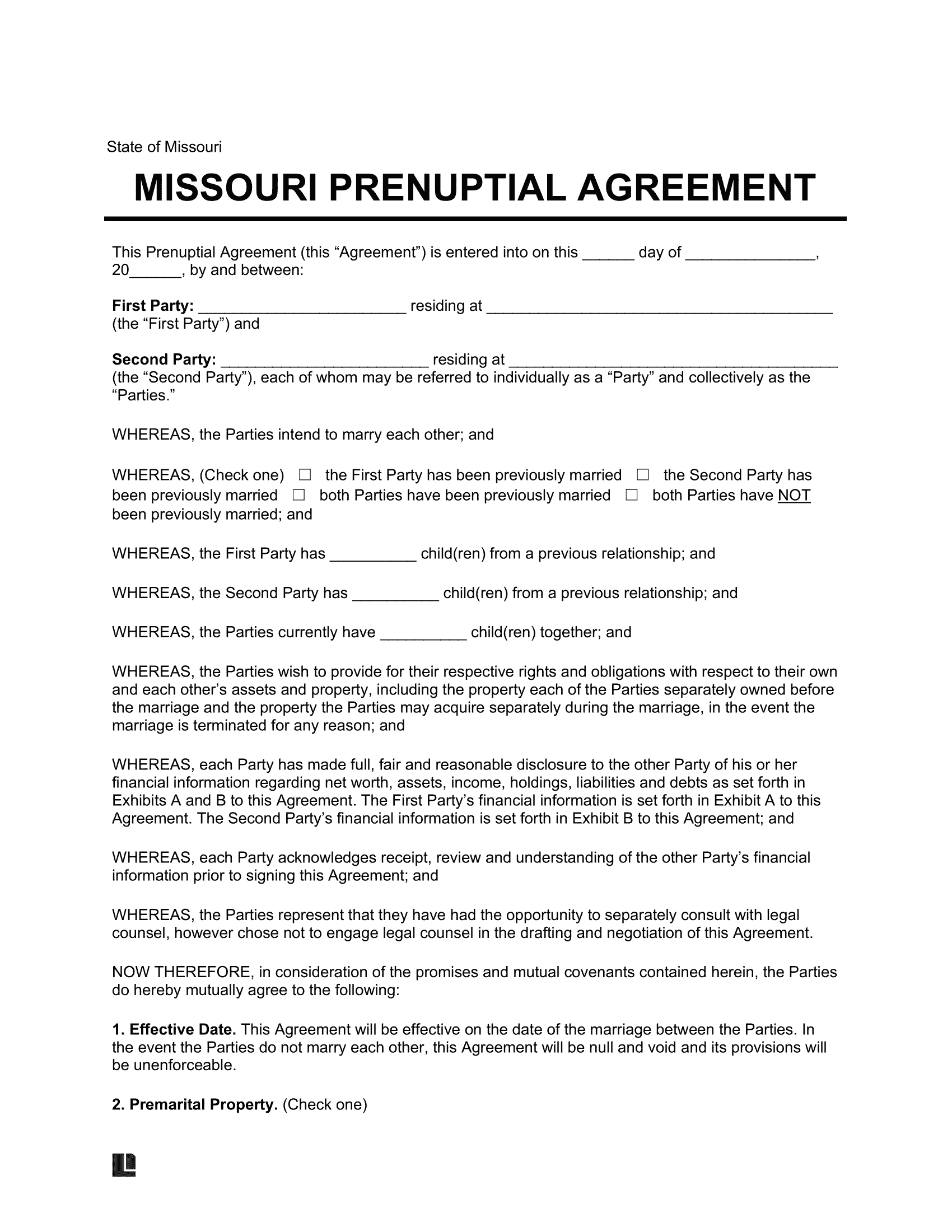 Missouri Prenuptial Agreement Template