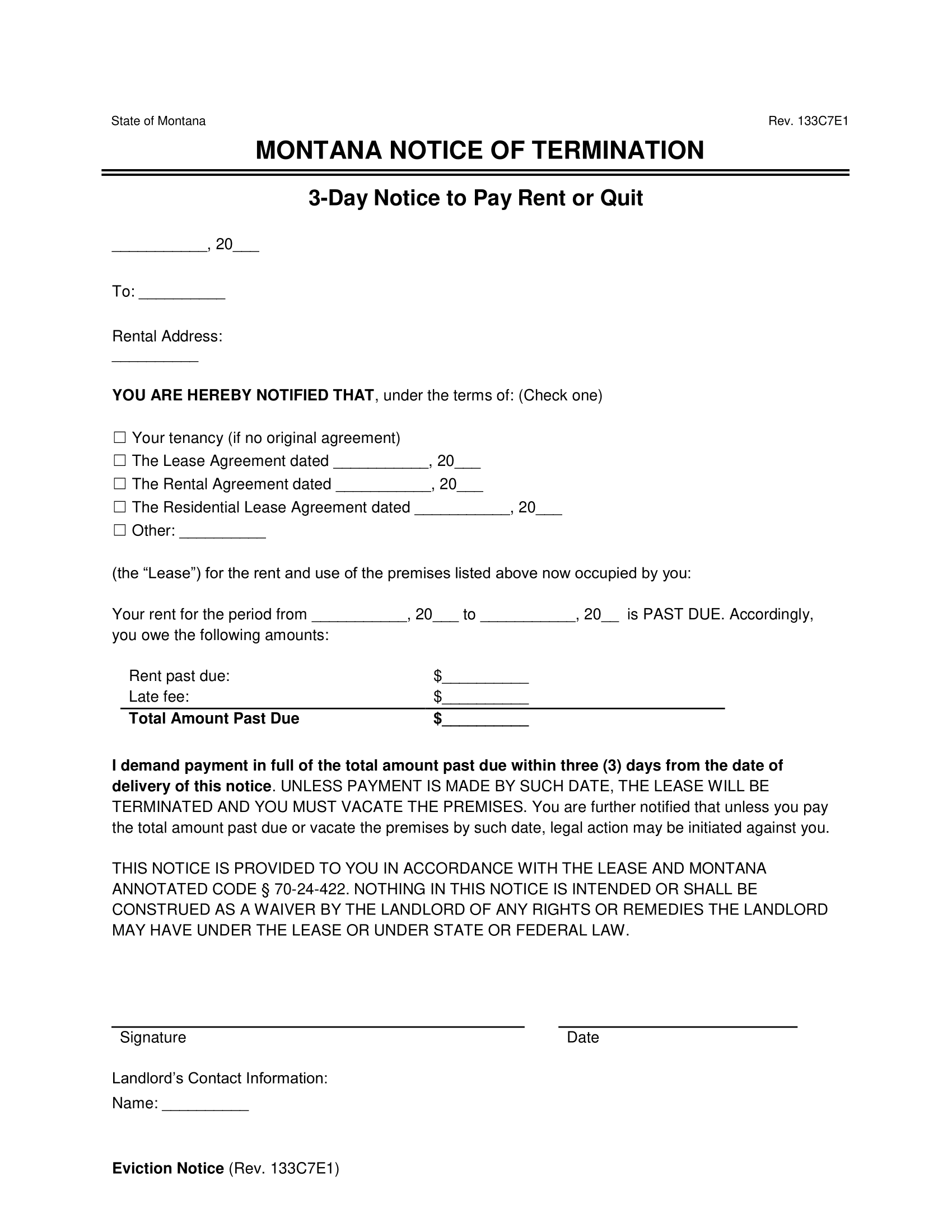 Montana 3-Day Notice to Quit | Non-Payment of Rent