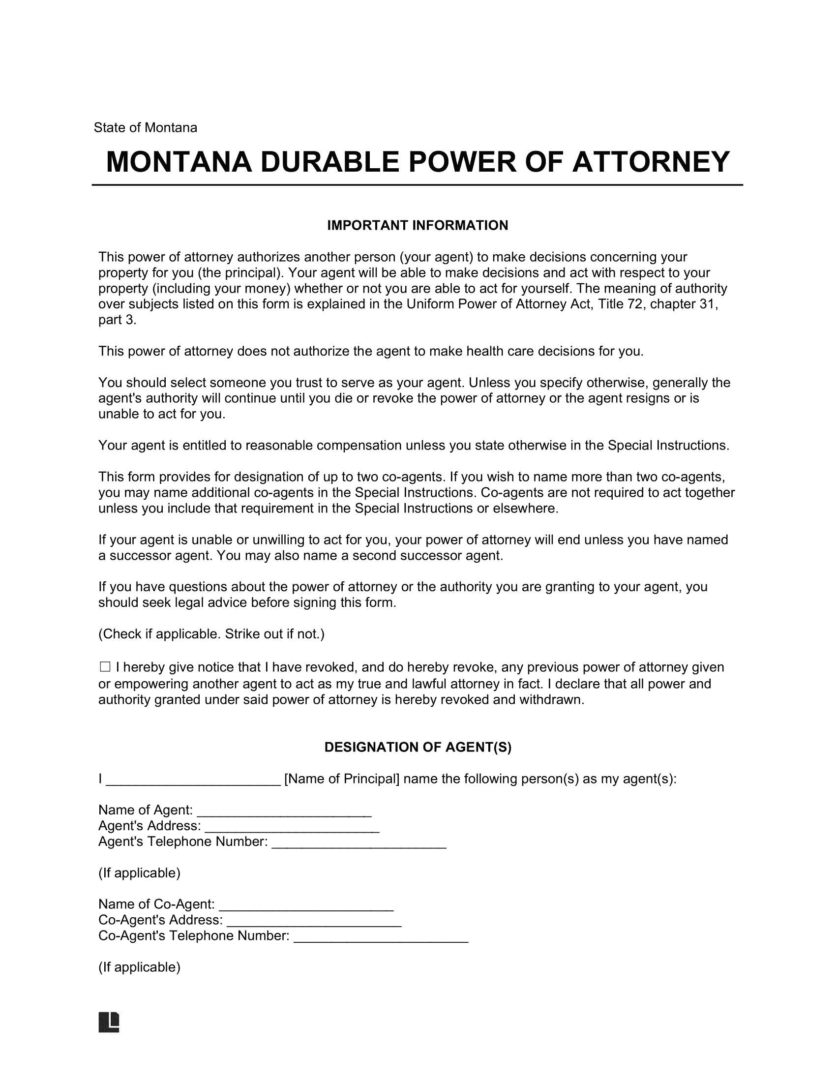 Montana Durable Statutory Power of Attorney Form