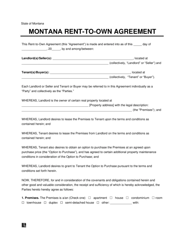 Montana Lease-to-Own Option-to-Purchase Agreement