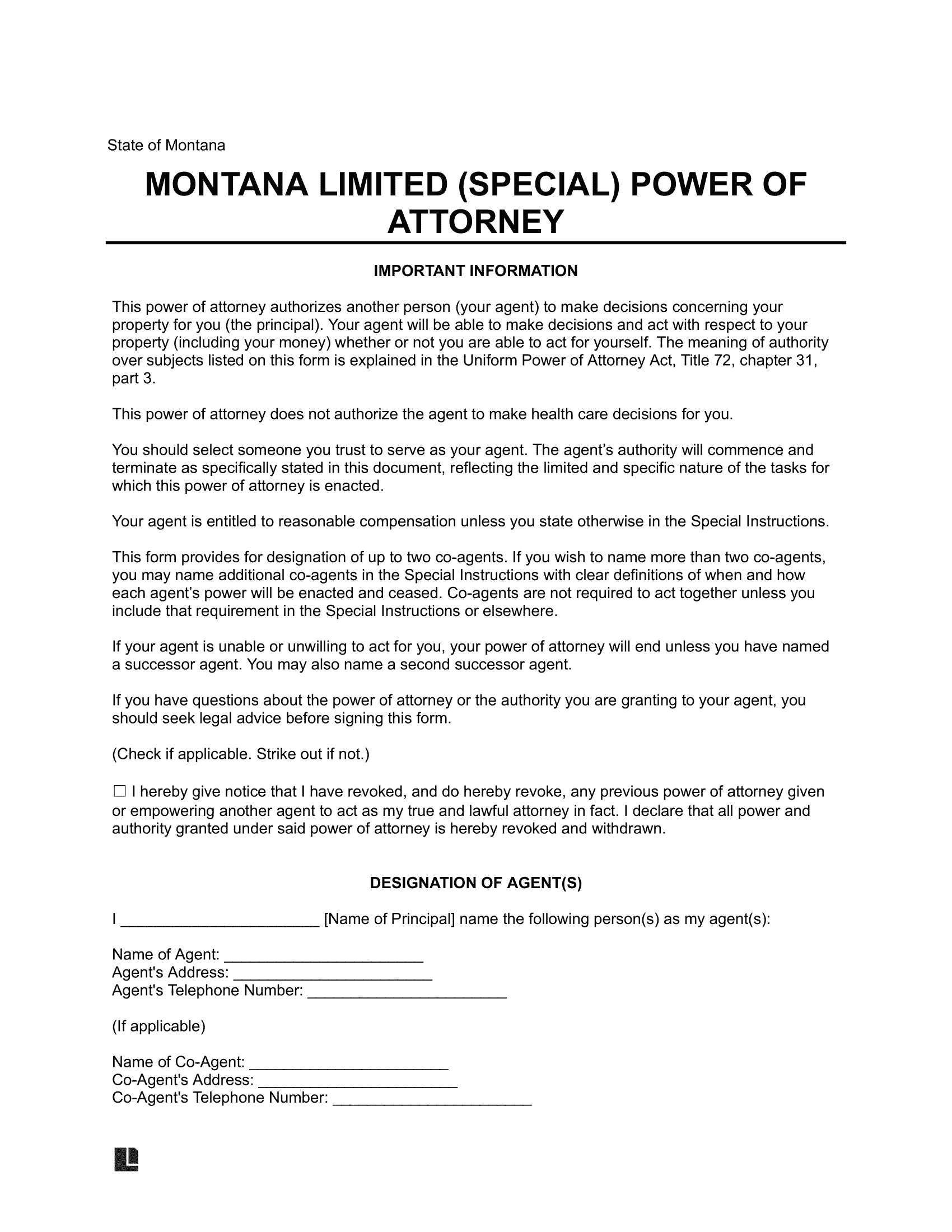 Montana Limited Power of Attorney Template