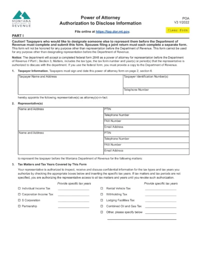 Montana Tax Power of Attorney Authorization to Disclose Information