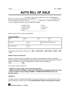 Motor Vehicle Bill of Sale Form