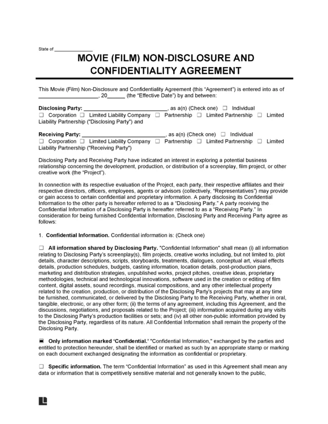 Movie Film Non-Disclosure Agreement Template