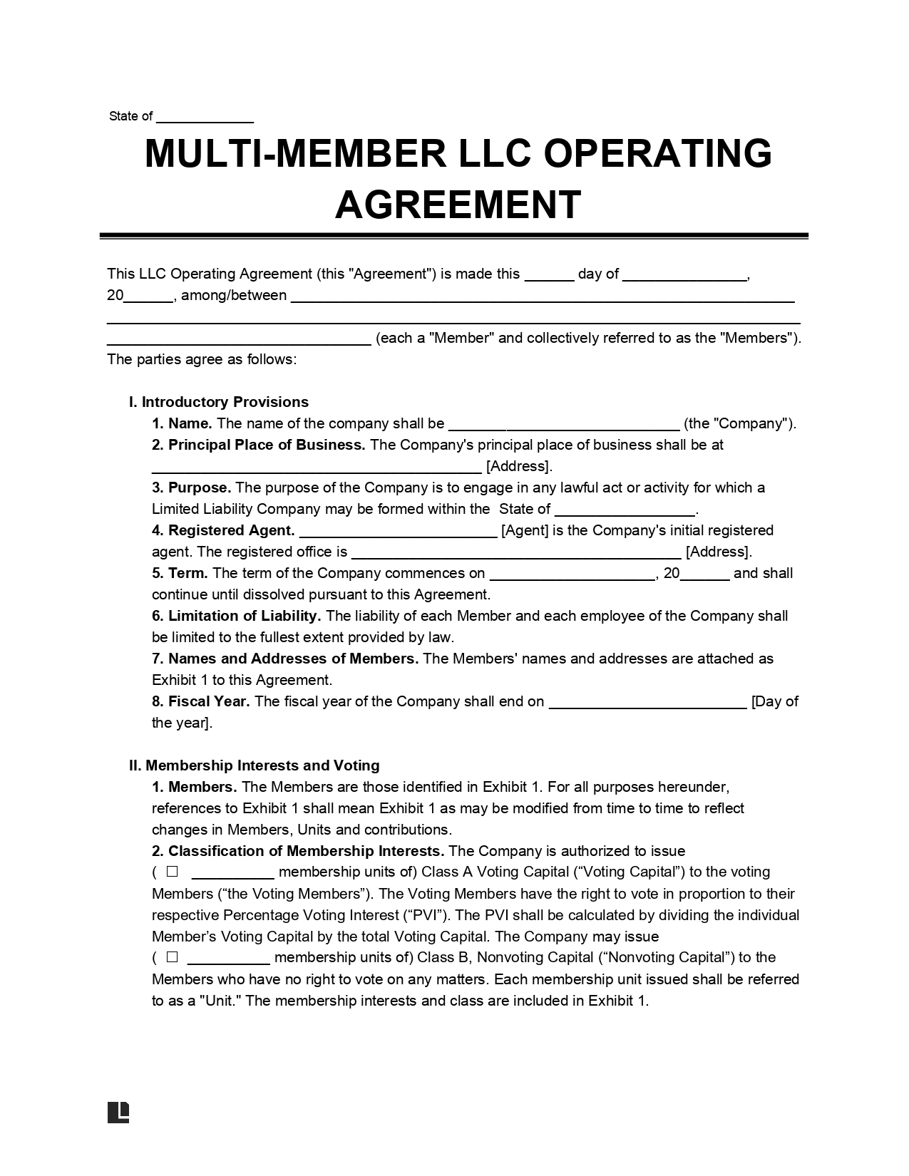 Multi-Member LLC Operating Agreement Form