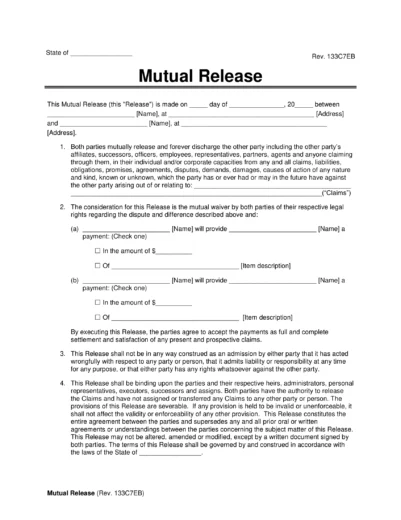 Mutual Release of Liability (Waiver) Agreement Form 