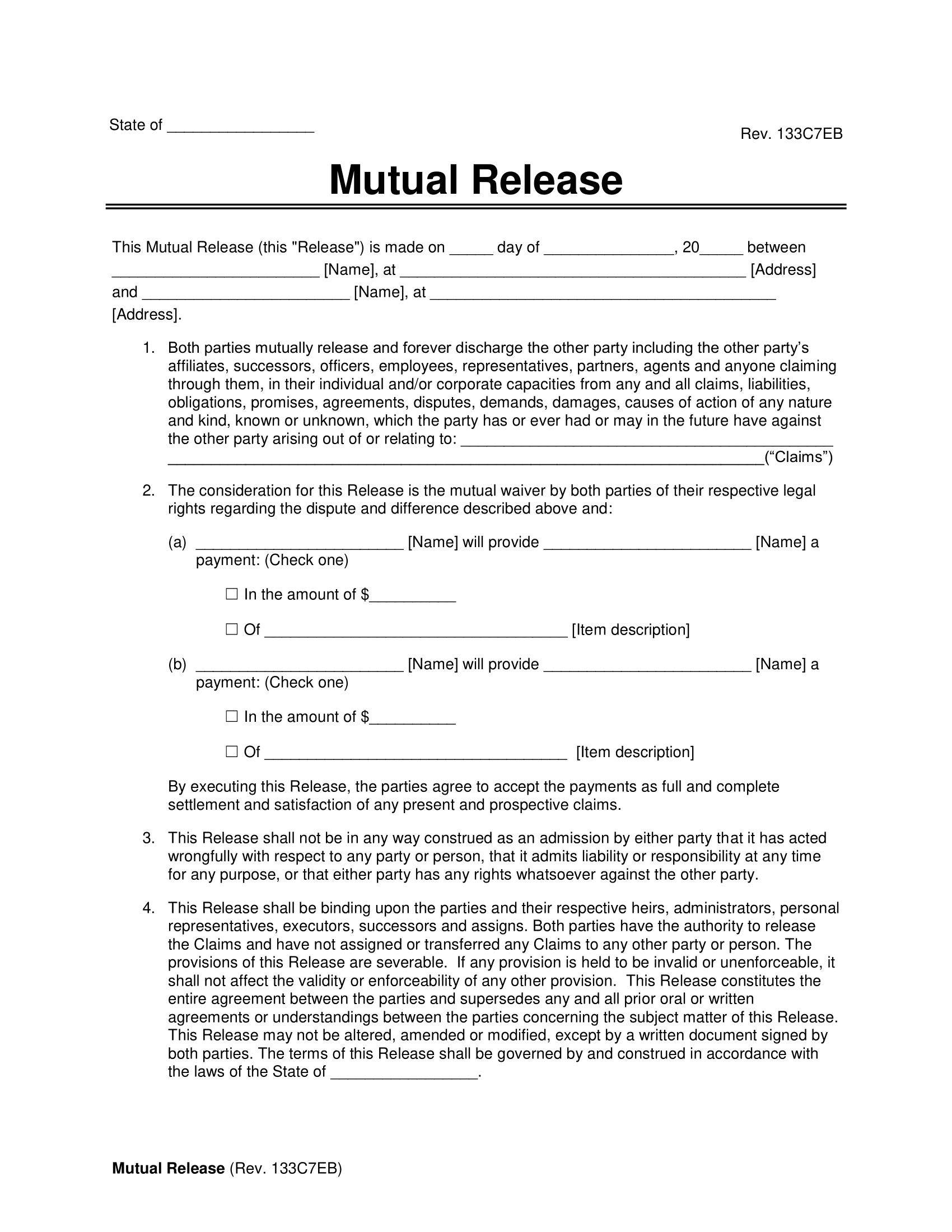 Mutual Release of Liability (Waiver) Agreement Form 