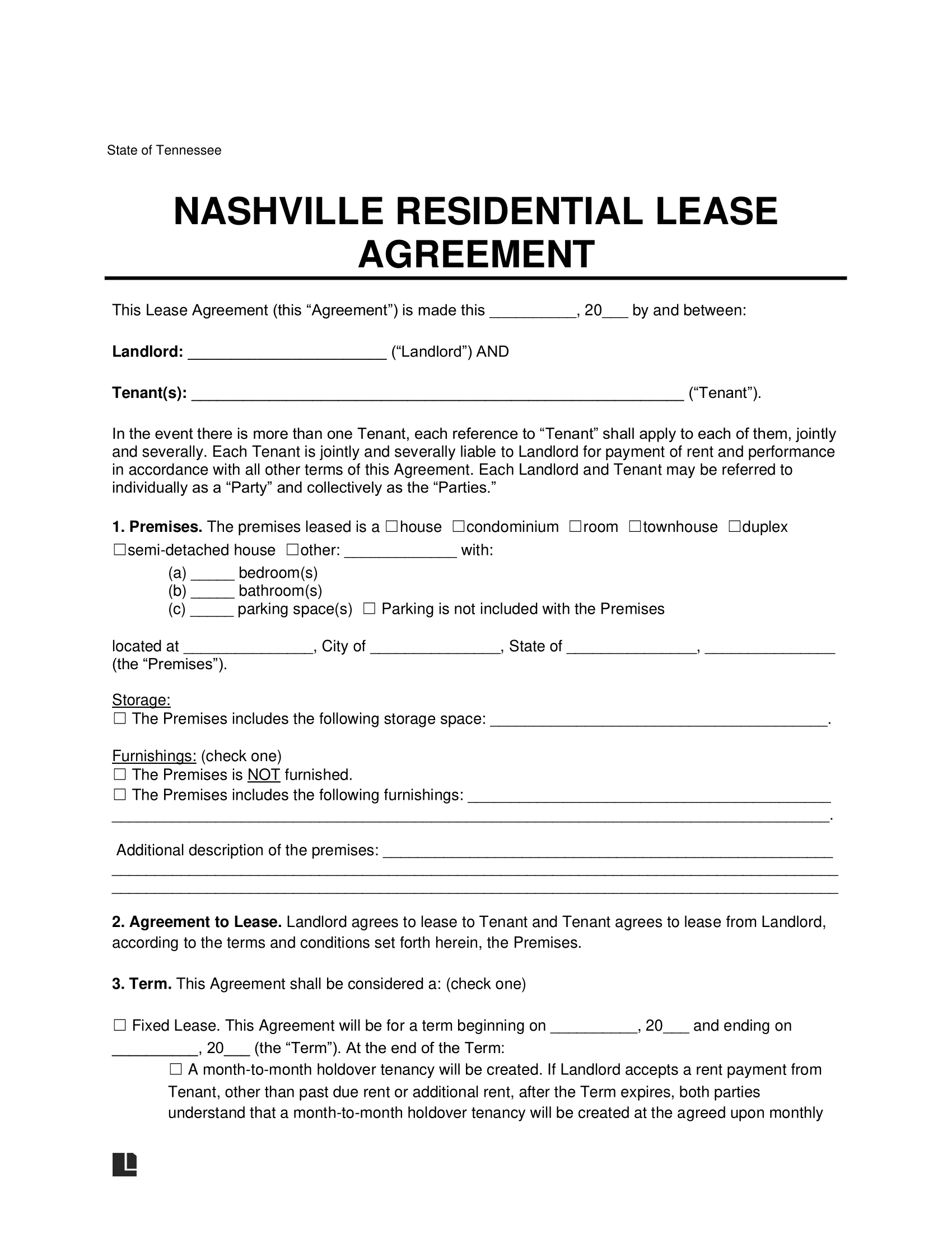 Nashville Residential Lease Agreement Template