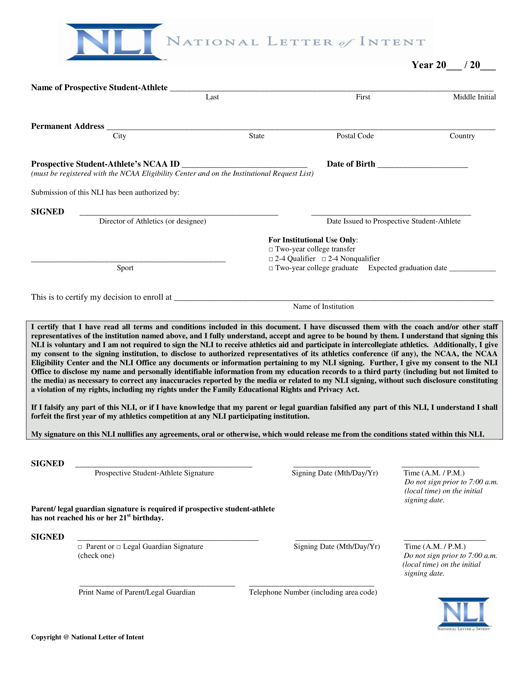 national letter of intent (NLI) template