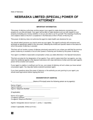 Nebraska Limited Power of Attorney Template