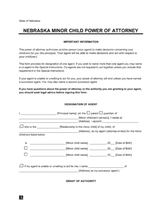 Nebraska Minor Child Power of Attorney Form