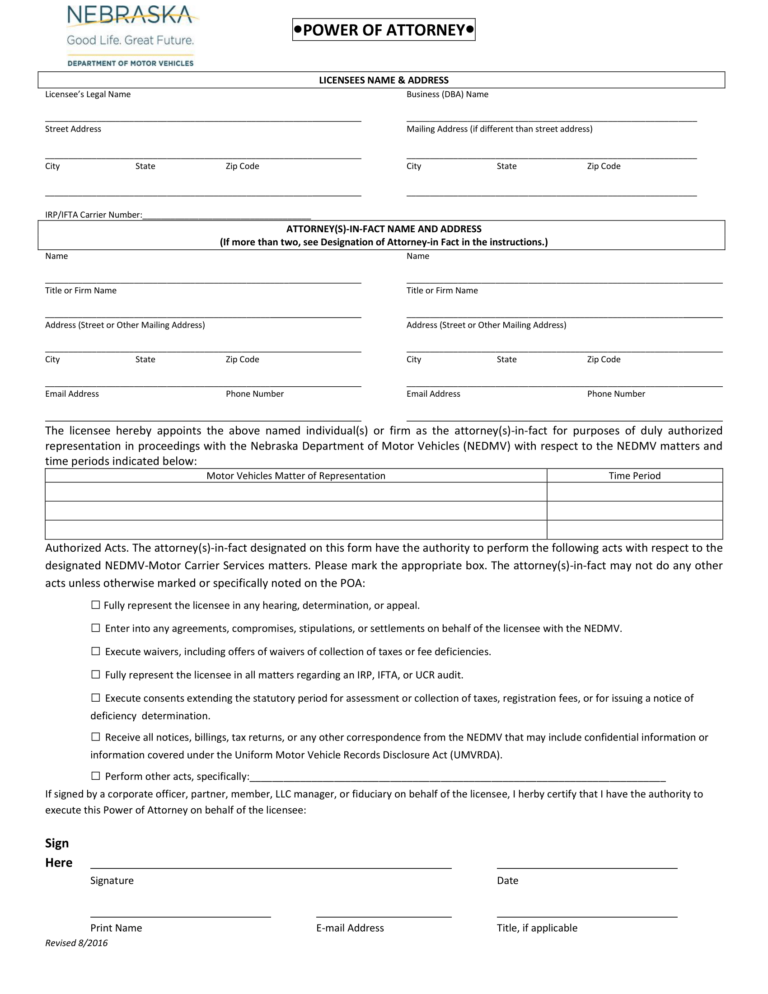 Free Nebraska Motor Vehicle Power of Attorney Form | PDF Download