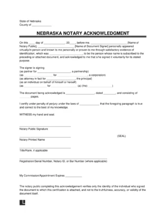 Nebraska Notary Acknowledgement Form