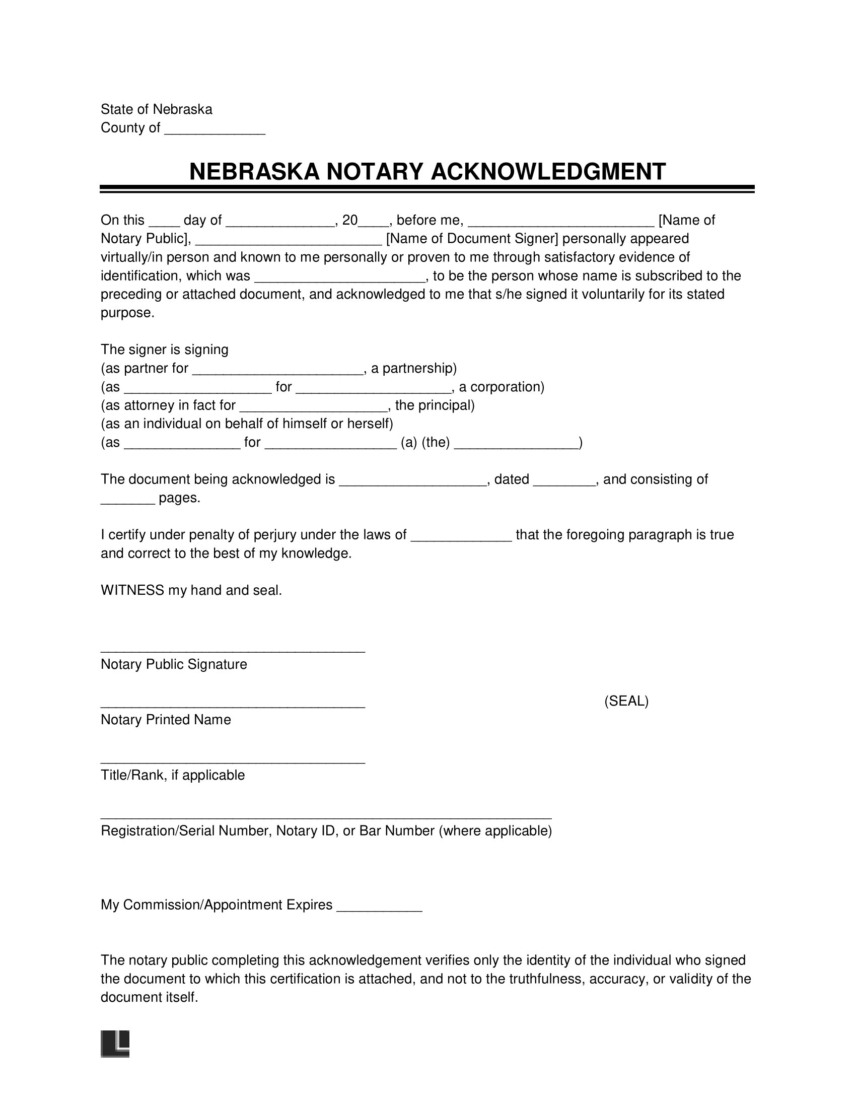 Nebraska Notary Acknowledgement Form
