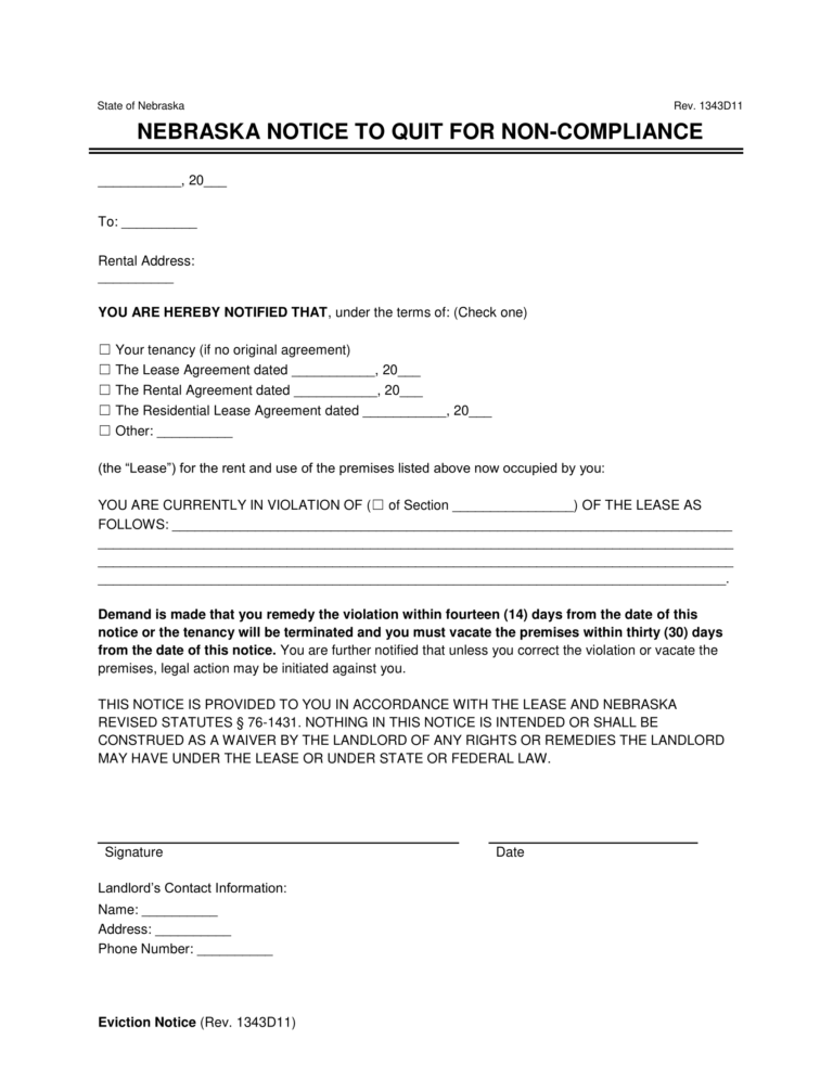 Free Nebraska 14/30Day Notice to Quit Form PDF & Word