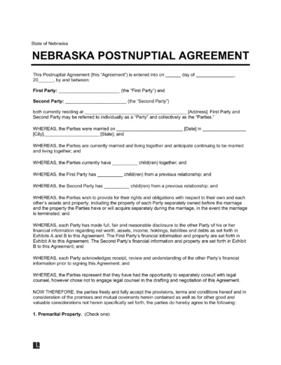 Nebraska Postnuptial Agreement Template