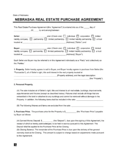 Nebraska Residential Purchase Agreement Template