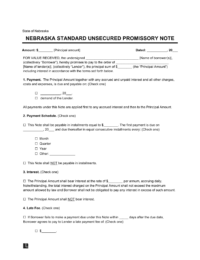 Nebraska Standard Unsecured Promissory Note Template