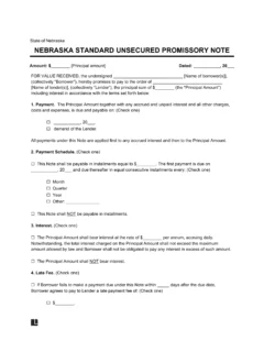 Nebraska Standard Unsecured Promissory Note Template