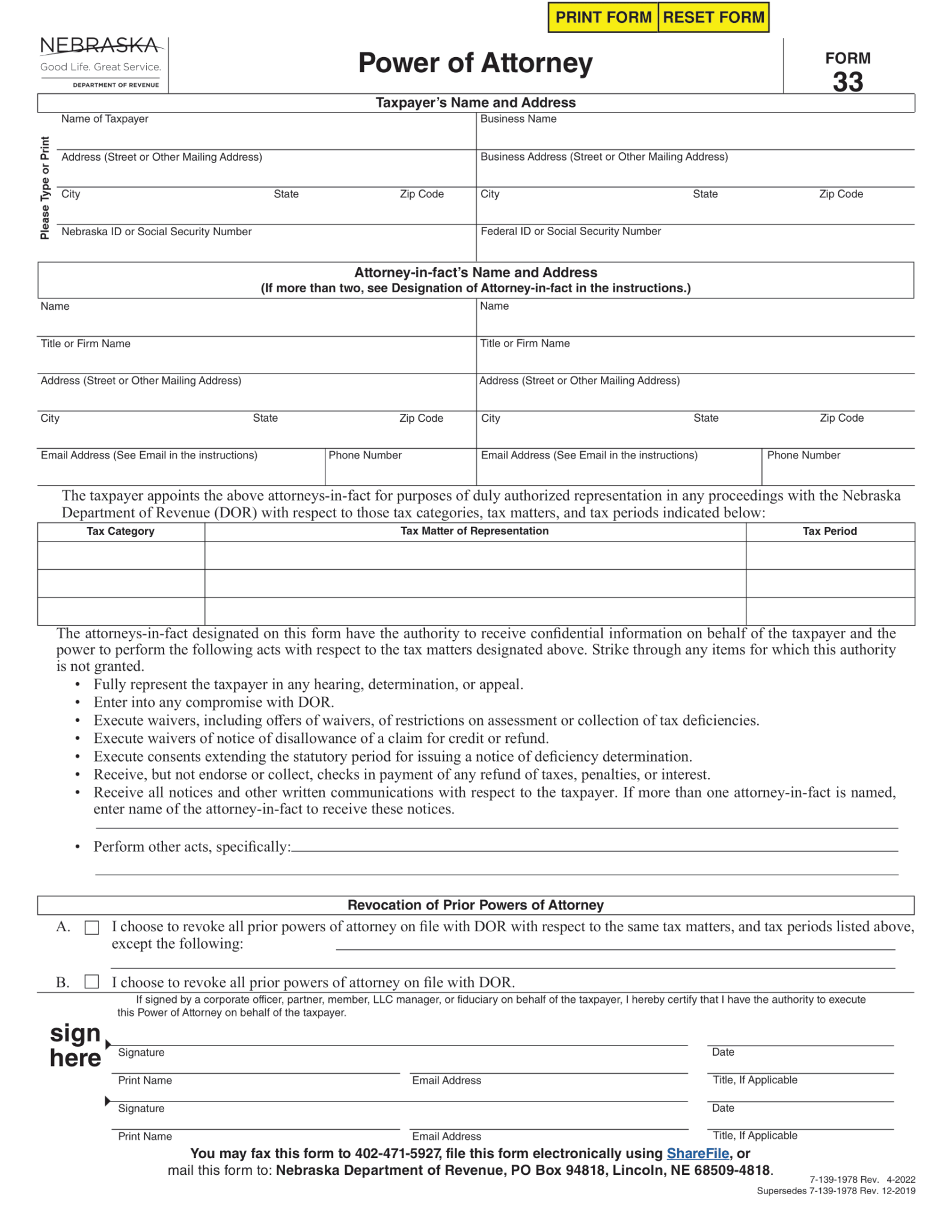 Free Nebraska Tax Power of Attorney Form 33 PDF