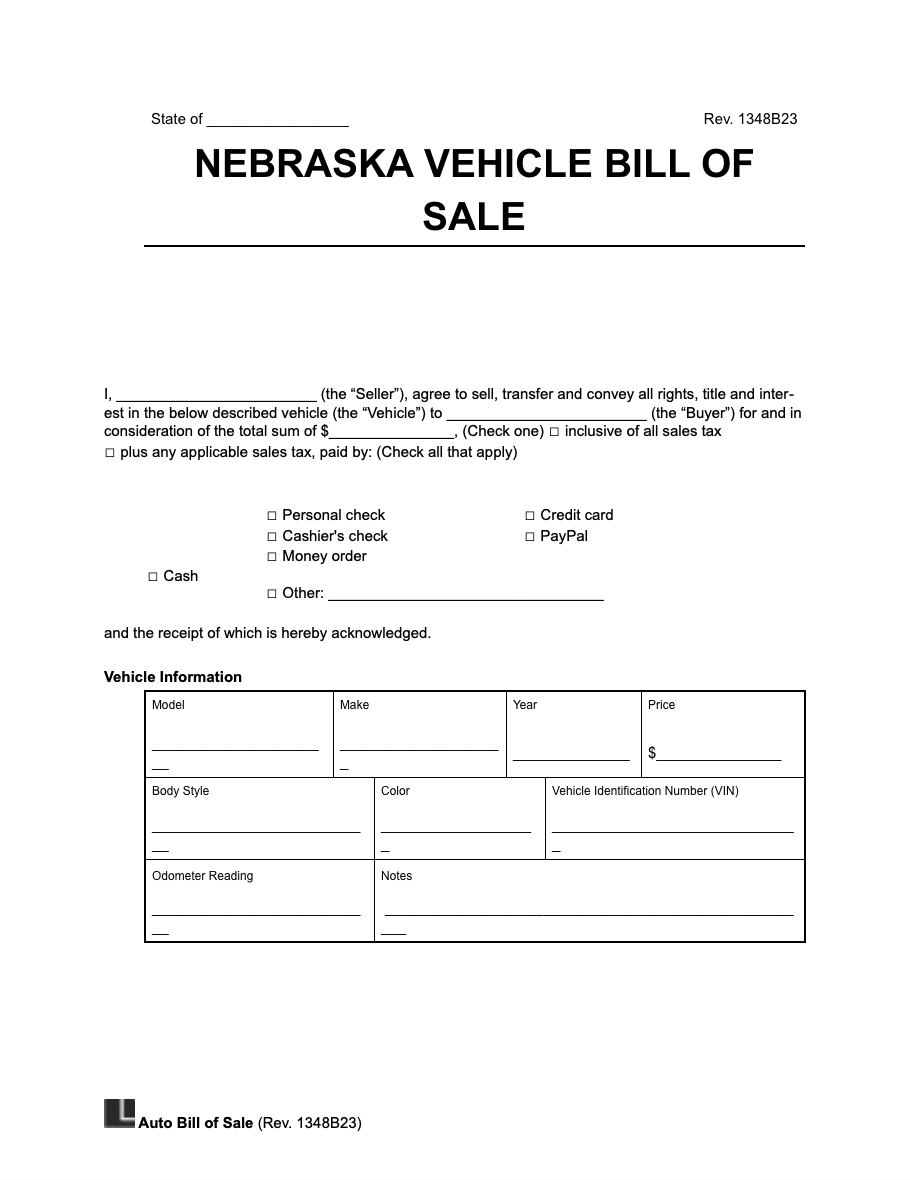 Nebraska motor vehicle bill of sale