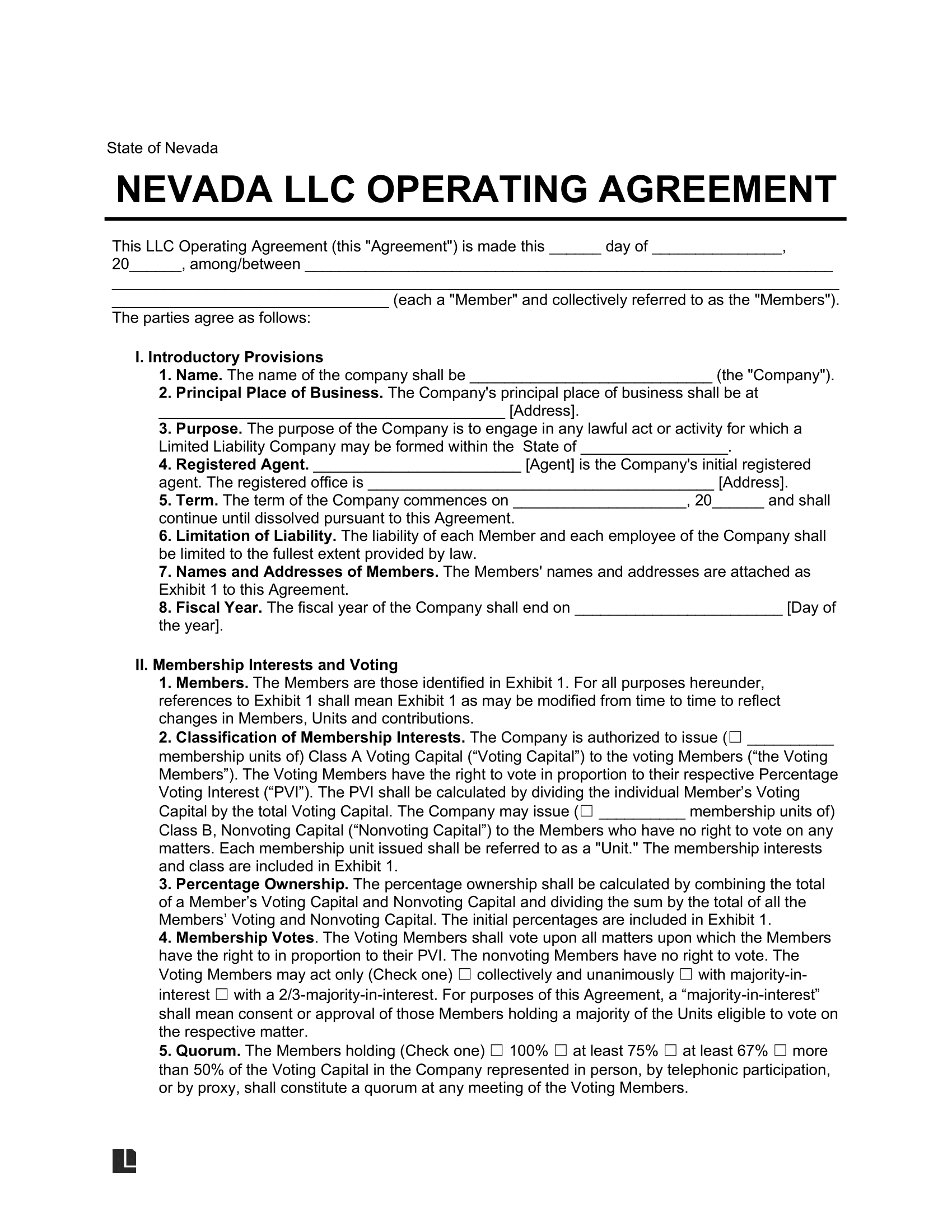 Nevada LLC Operating Agreement Template