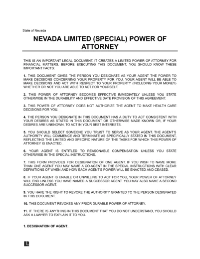Nevada Limited Power of Attorney Template