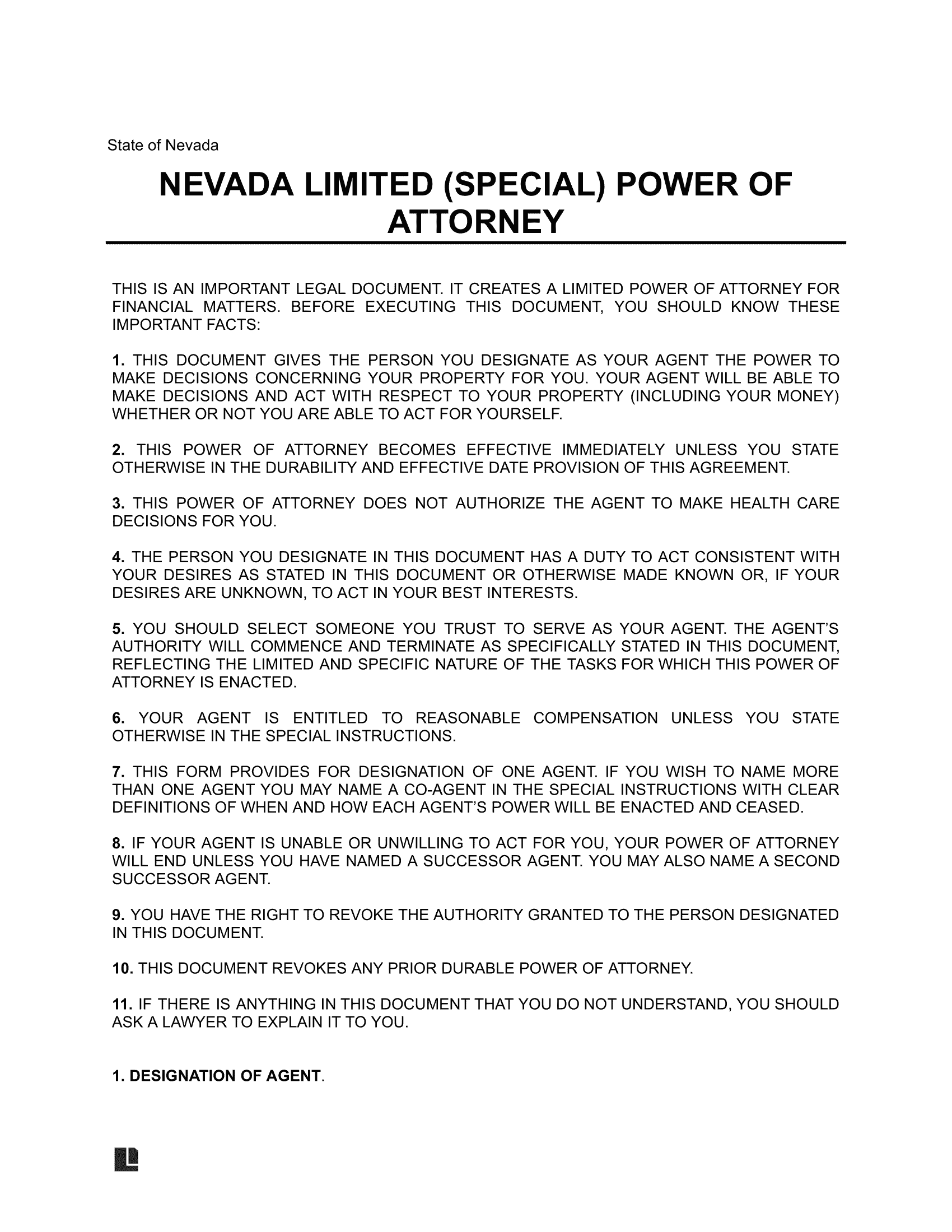 Nevada Limited Power of Attorney Template