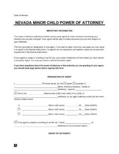 Nevada Minor Child Power of Attorney Form