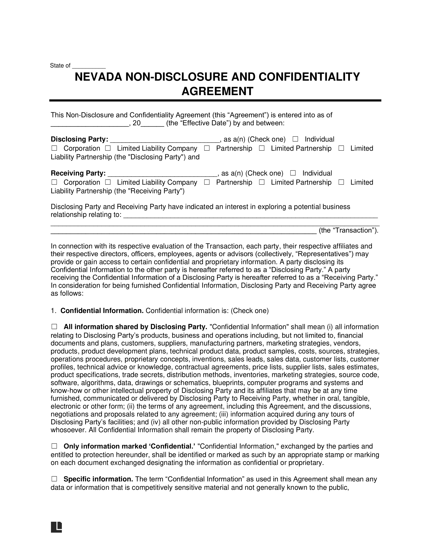 Nevada Non-Disclosure and Confidentiality Agreement Template