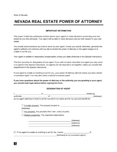 Nevada Real Estate Power of Attorney Form