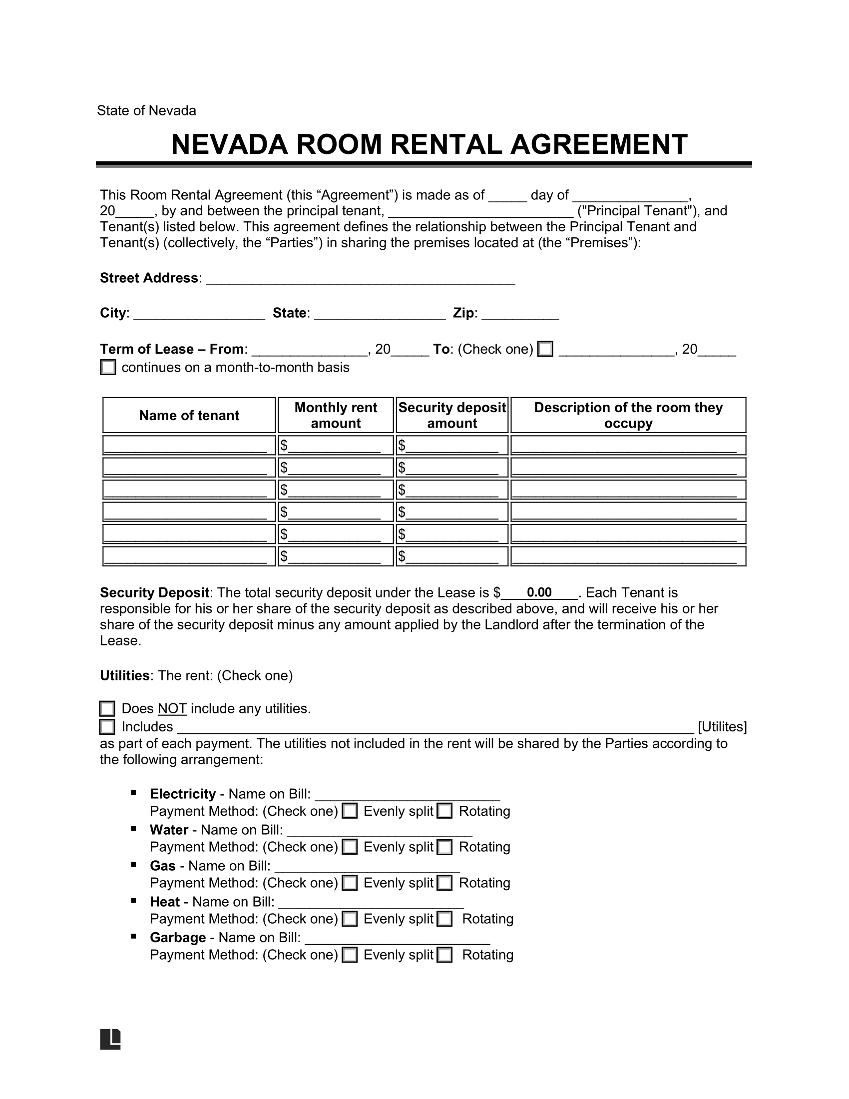 Nevada Room Rental Agreement