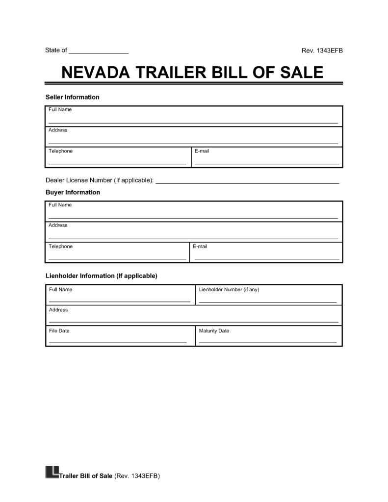 Free Nevada Trailer Bill of Sale Template PDF & Word Legal Templates