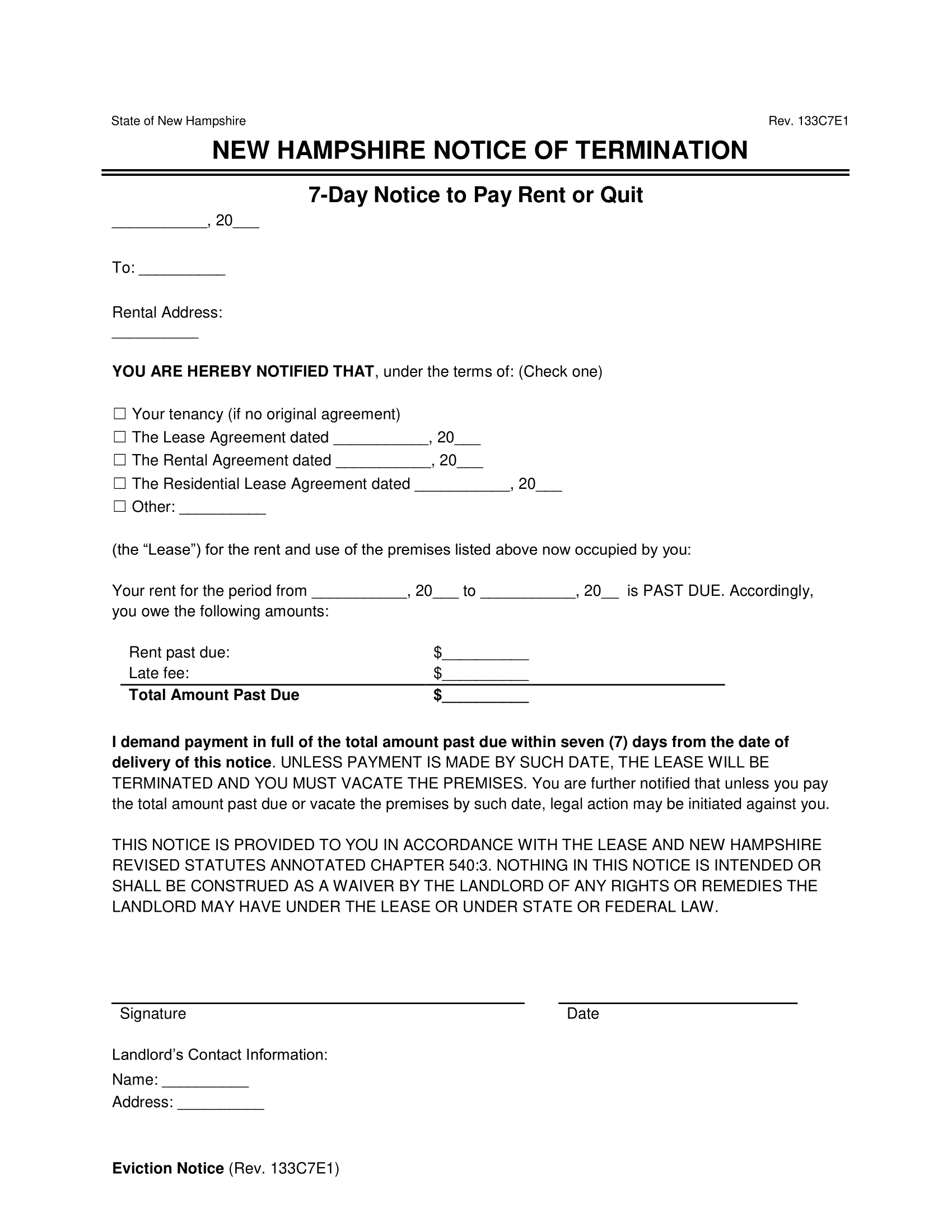 New Hampshire 7-Day Notice to Quit | Non-Payment of Rent