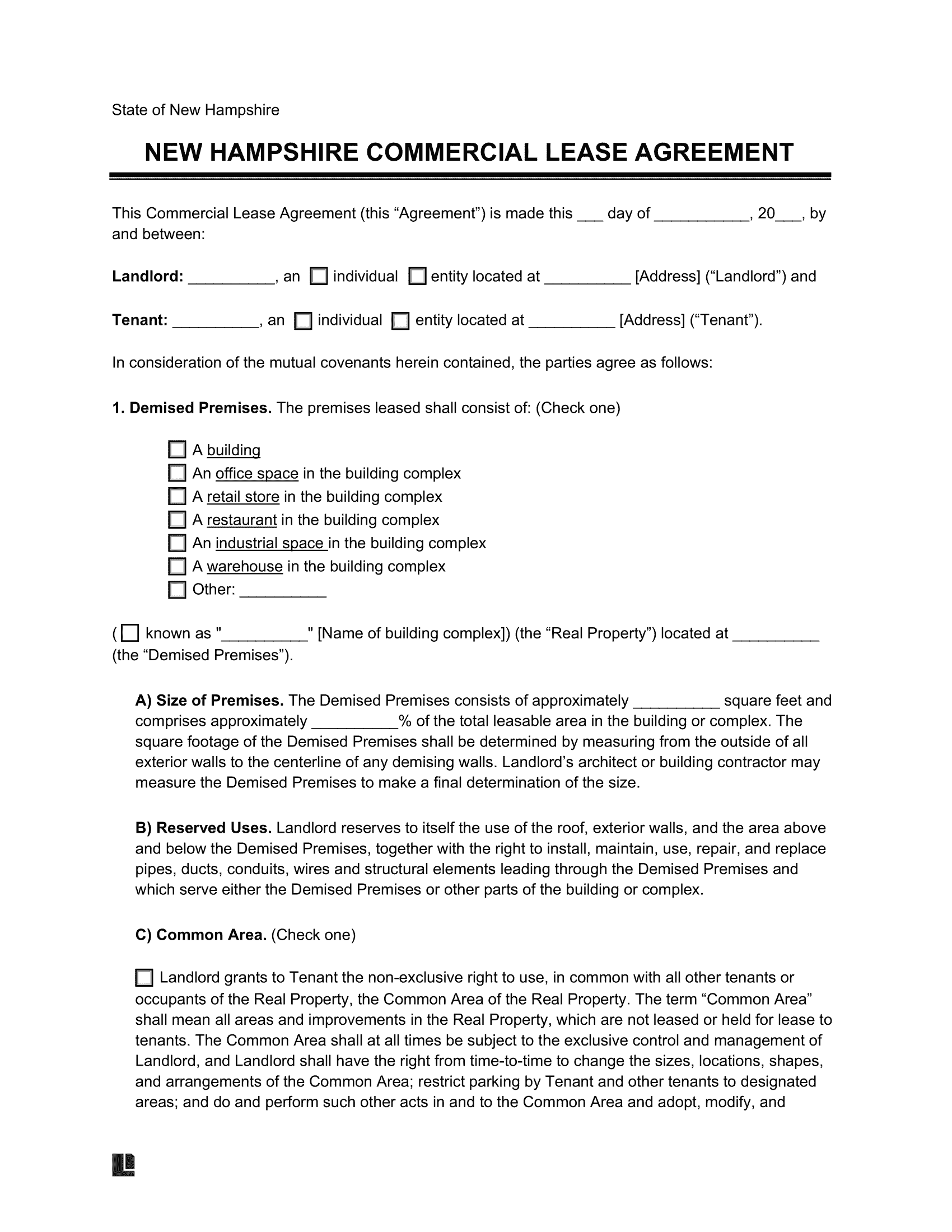 New Hampshire Commercial Lease Agreement