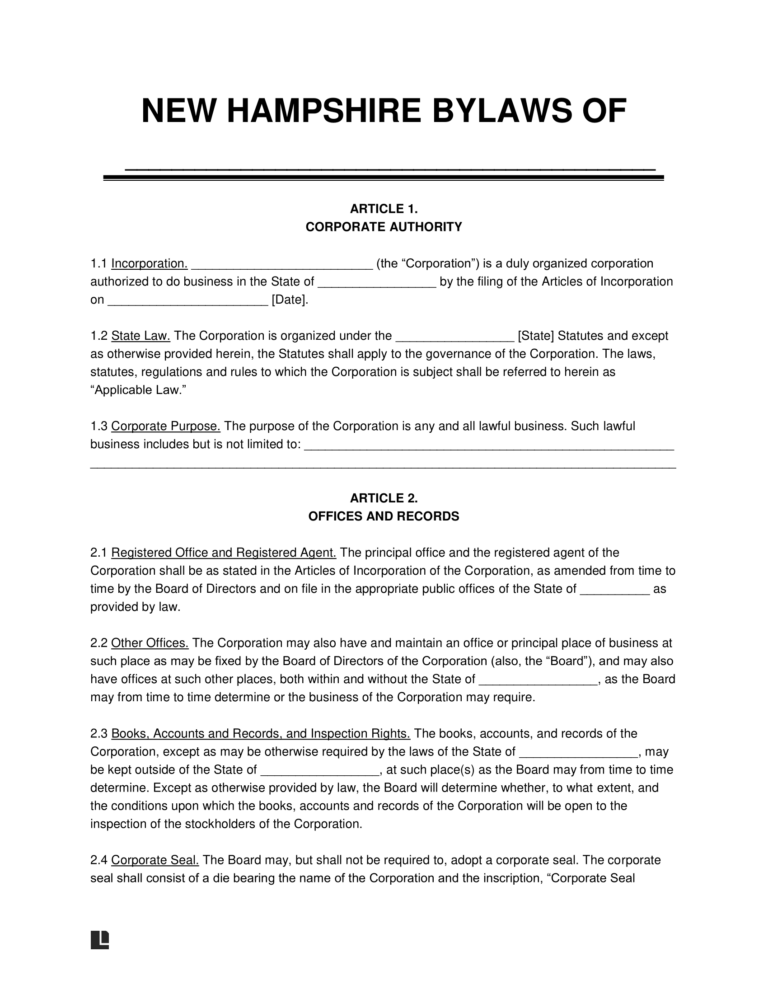 Free New Hampshire Corporate Bylaws Template PDF & Word