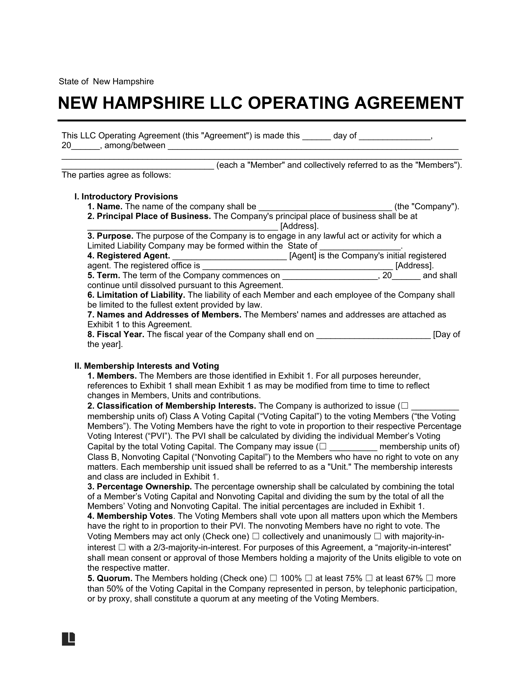 New Hampshire LLC Operating Agreement Template