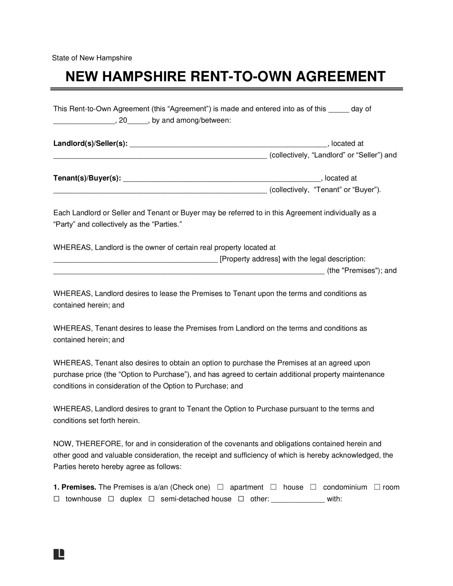 Free New Hampshire RenttoOwn Lease Agreement Template PDF & Word