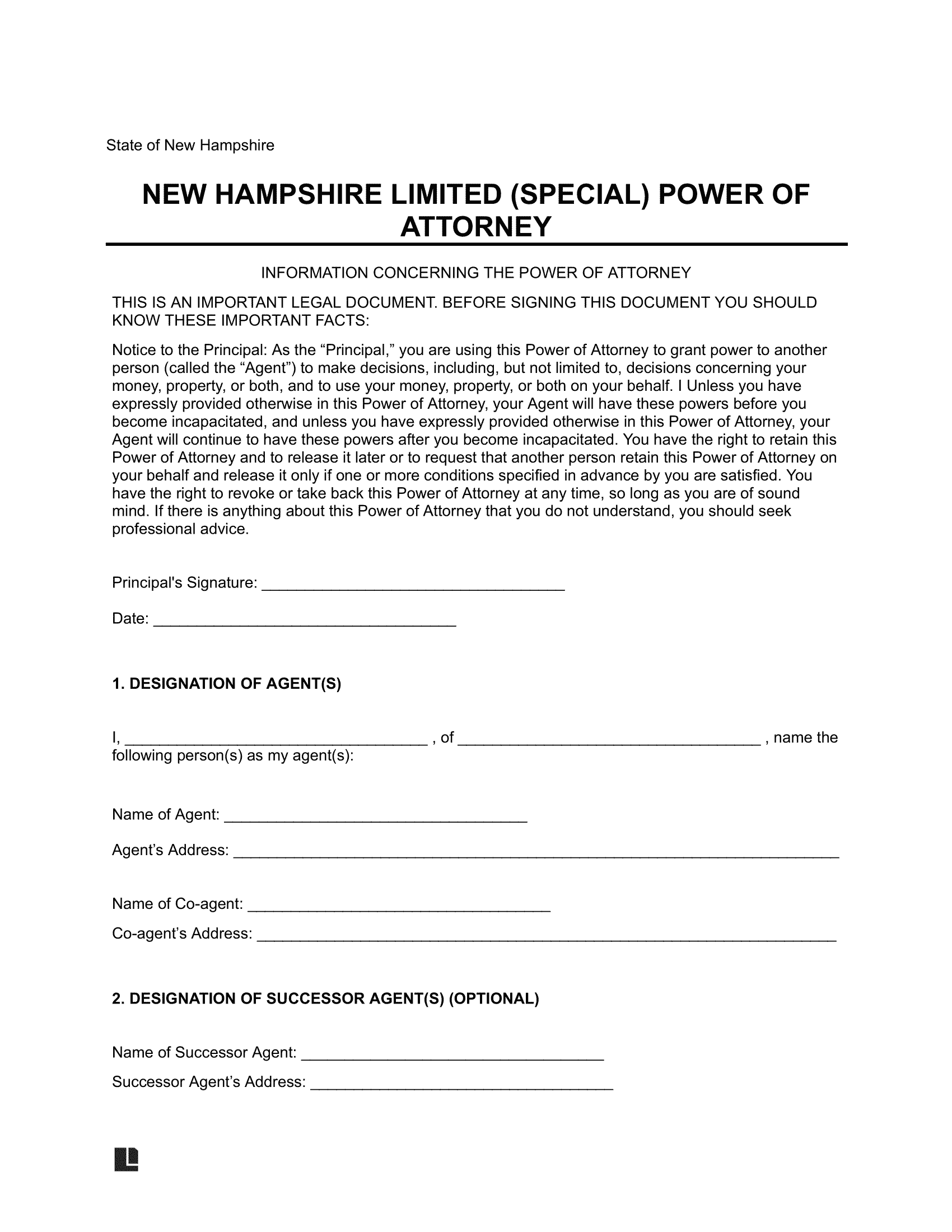 New Hampshire Limited Power of Attorney Template