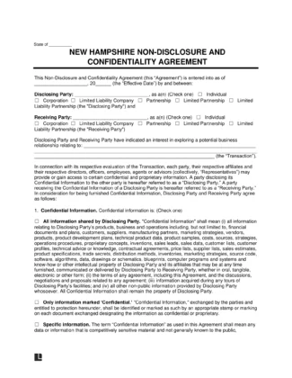 New Hampshire Non-Disclosure and Confidentiality Agreement Template