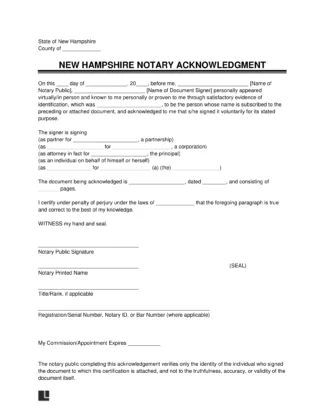 New Hampshire Notary Acknowledgment Form