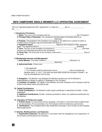New Hampshire Single Member LLC Operating Agreement Form