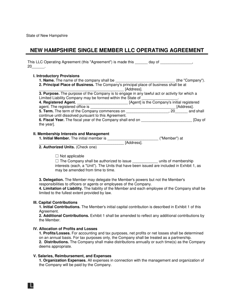 Free New Hampshire Single-Member LLC Operating Agreement Form | PDF & Word